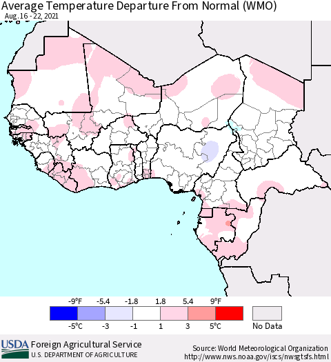 Western Africa Average Temperature Departure from Normal (WMO) Thematic Map For 8/16/2021 - 8/22/2021