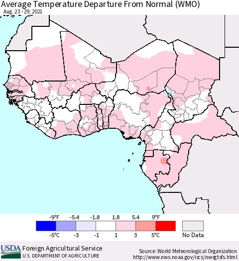 Western Africa Average Temperature Departure from Normal (WMO) Thematic Map For 8/23/2021 - 8/29/2021