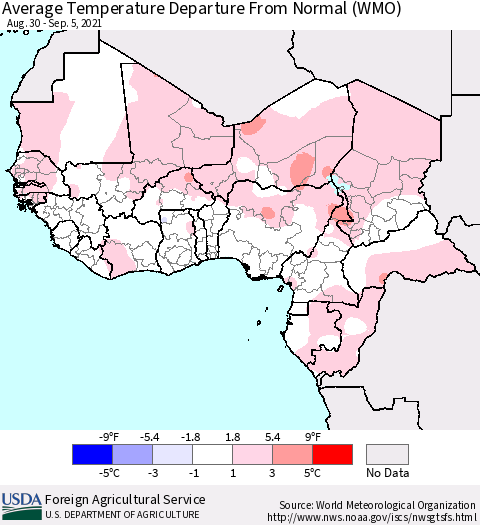Western Africa Average Temperature Departure from Normal (WMO) Thematic Map For 8/30/2021 - 9/5/2021