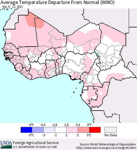 Western Africa Average Temperature Departure from Normal (WMO) Thematic Map For 9/6/2021 - 9/12/2021