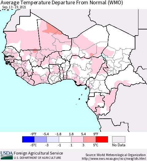 Western Africa Average Temperature Departure from Normal (WMO) Thematic Map For 9/13/2021 - 9/19/2021