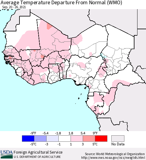 Western Africa Average Temperature Departure from Normal (WMO) Thematic Map For 9/20/2021 - 9/26/2021