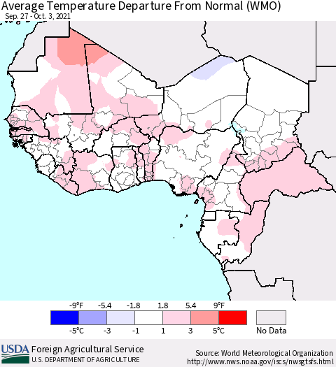 Western Africa Average Temperature Departure from Normal (WMO) Thematic Map For 9/27/2021 - 10/3/2021