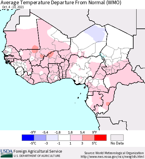 Western Africa Average Temperature Departure from Normal (WMO) Thematic Map For 10/4/2021 - 10/10/2021