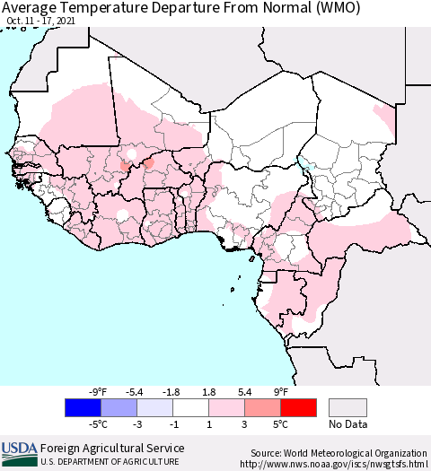 Western Africa Average Temperature Departure from Normal (WMO) Thematic Map For 10/11/2021 - 10/17/2021