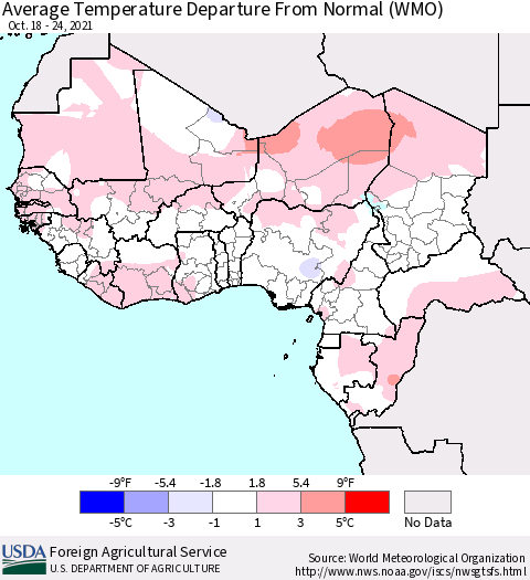 Western Africa Average Temperature Departure from Normal (WMO) Thematic Map For 10/18/2021 - 10/24/2021