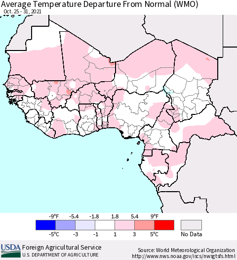 Western Africa Average Temperature Departure from Normal (WMO) Thematic Map For 10/25/2021 - 10/31/2021