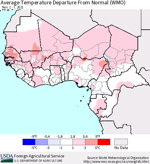 Western Africa Average Temperature Departure from Normal (WMO) Thematic Map For 11/1/2021 - 11/7/2021
