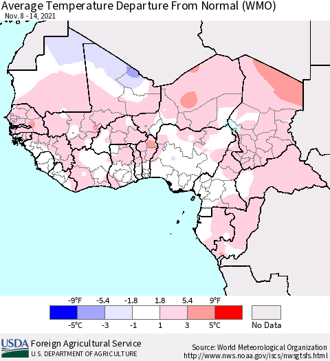 Western Africa Average Temperature Departure from Normal (WMO) Thematic Map For 11/8/2021 - 11/14/2021
