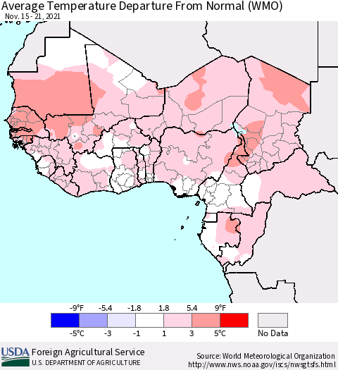 Western Africa Average Temperature Departure from Normal (WMO) Thematic Map For 11/15/2021 - 11/21/2021