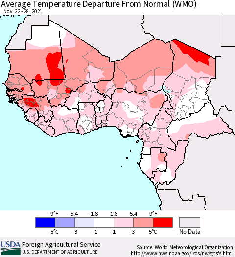 Western Africa Average Temperature Departure from Normal (WMO) Thematic Map For 11/22/2021 - 11/28/2021