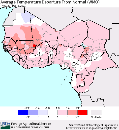 Western Africa Average Temperature Departure from Normal (WMO) Thematic Map For 11/29/2021 - 12/5/2021