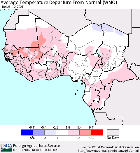 Western Africa Average Temperature Departure from Normal (WMO) Thematic Map For 12/6/2021 - 12/12/2021