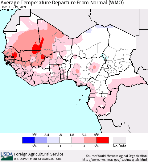 Western Africa Average Temperature Departure from Normal (WMO) Thematic Map For 12/13/2021 - 12/19/2021