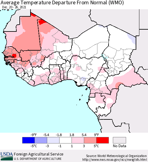 Western Africa Average Temperature Departure from Normal (WMO) Thematic Map For 12/20/2021 - 12/26/2021