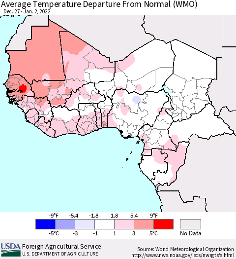 Western Africa Average Temperature Departure from Normal (WMO) Thematic Map For 12/27/2021 - 1/2/2022
