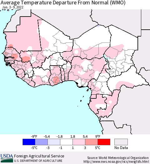 Western Africa Average Temperature Departure from Normal (WMO) Thematic Map For 1/3/2022 - 1/9/2022