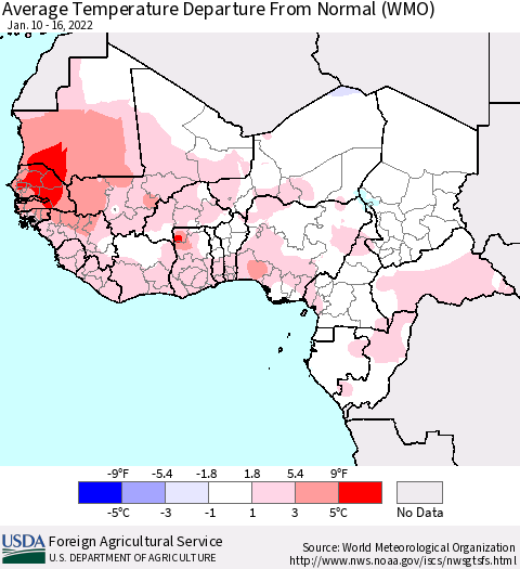 Western Africa Average Temperature Departure from Normal (WMO) Thematic Map For 1/10/2022 - 1/16/2022
