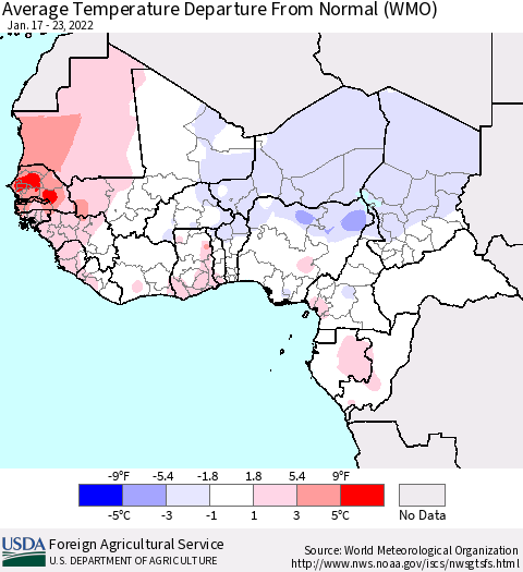 Western Africa Average Temperature Departure from Normal (WMO) Thematic Map For 1/17/2022 - 1/23/2022