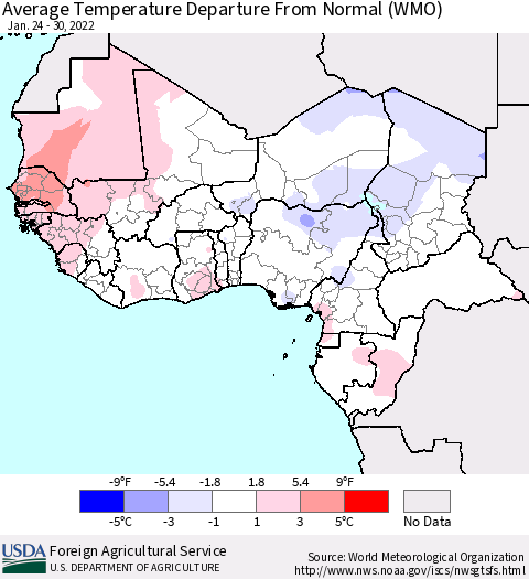 Western Africa Average Temperature Departure from Normal (WMO) Thematic Map For 1/24/2022 - 1/30/2022