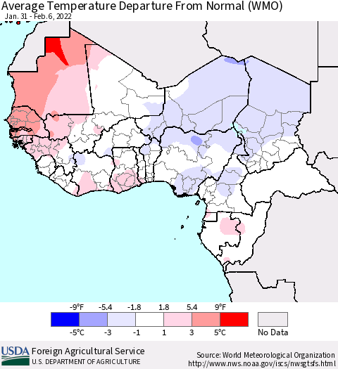 Western Africa Average Temperature Departure from Normal (WMO) Thematic Map For 1/31/2022 - 2/6/2022