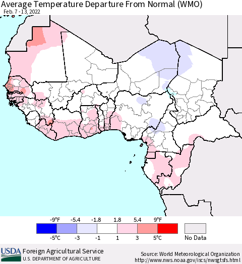 Western Africa Average Temperature Departure from Normal (WMO) Thematic Map For 2/7/2022 - 2/13/2022