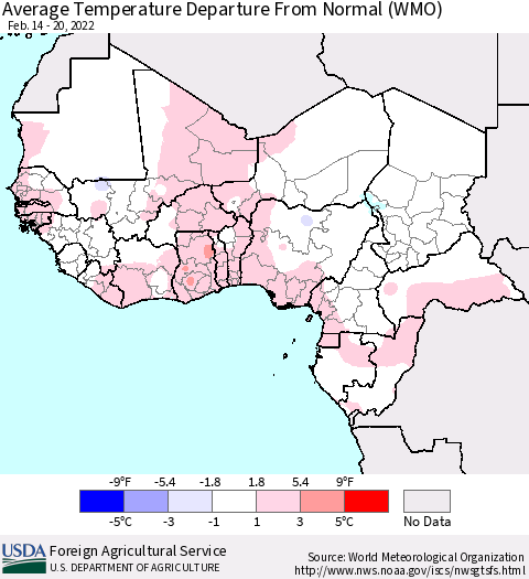 Western Africa Average Temperature Departure from Normal (WMO) Thematic Map For 2/14/2022 - 2/20/2022