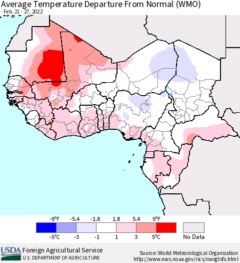 Western Africa Average Temperature Departure from Normal (WMO) Thematic Map For 2/21/2022 - 2/27/2022
