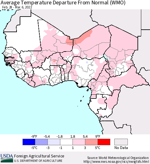 Western Africa Average Temperature Departure from Normal (WMO) Thematic Map For 2/28/2022 - 3/6/2022