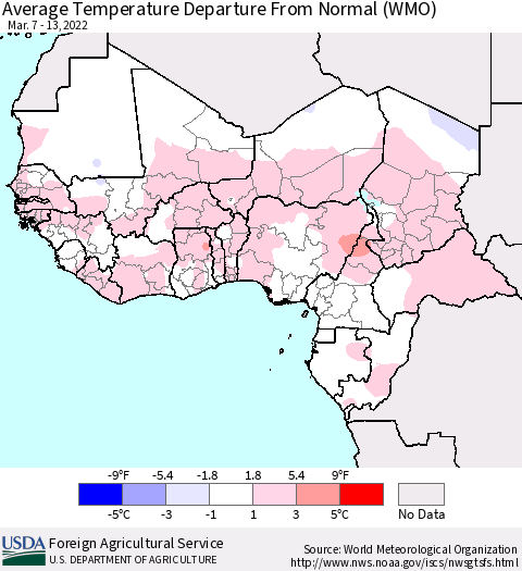 Western Africa Average Temperature Departure from Normal (WMO) Thematic Map For 3/7/2022 - 3/13/2022