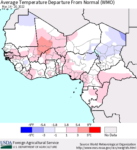 Western Africa Average Temperature Departure from Normal (WMO) Thematic Map For 3/14/2022 - 3/20/2022