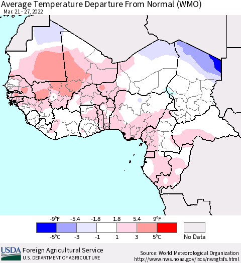 Western Africa Average Temperature Departure from Normal (WMO) Thematic Map For 3/21/2022 - 3/27/2022