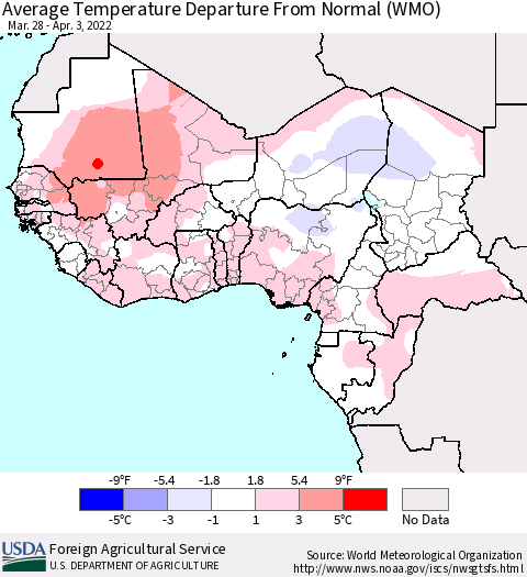 Western Africa Average Temperature Departure from Normal (WMO) Thematic Map For 3/28/2022 - 4/3/2022