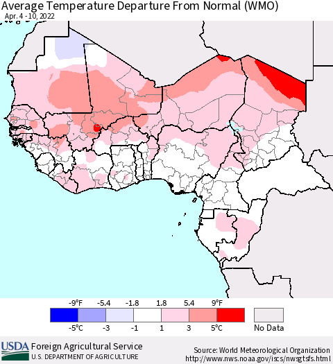 Western Africa Average Temperature Departure from Normal (WMO) Thematic Map For 4/4/2022 - 4/10/2022