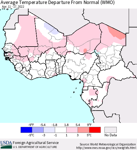 Western Africa Average Temperature Departure from Normal (WMO) Thematic Map For 4/11/2022 - 4/17/2022