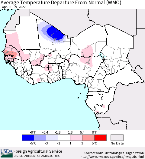 Western Africa Average Temperature Departure from Normal (WMO) Thematic Map For 4/18/2022 - 4/24/2022