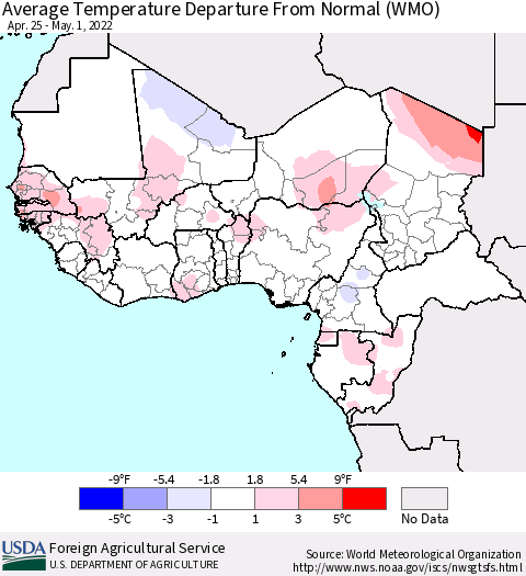 Western Africa Average Temperature Departure from Normal (WMO) Thematic Map For 4/25/2022 - 5/1/2022