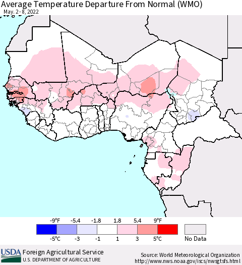 Western Africa Average Temperature Departure from Normal (WMO) Thematic Map For 5/2/2022 - 5/8/2022