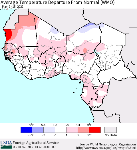 Western Africa Average Temperature Departure from Normal (WMO) Thematic Map For 5/9/2022 - 5/15/2022