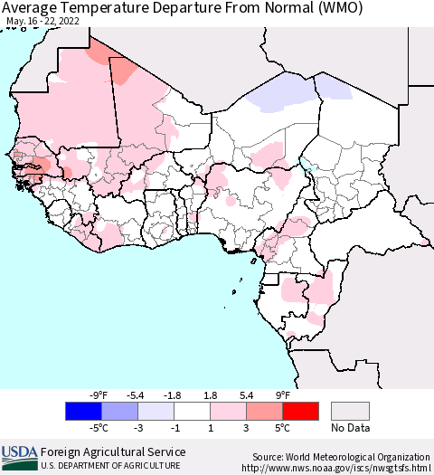 Western Africa Average Temperature Departure from Normal (WMO) Thematic Map For 5/16/2022 - 5/22/2022