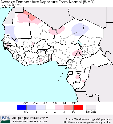 Western Africa Average Temperature Departure from Normal (WMO) Thematic Map For 5/23/2022 - 5/29/2022