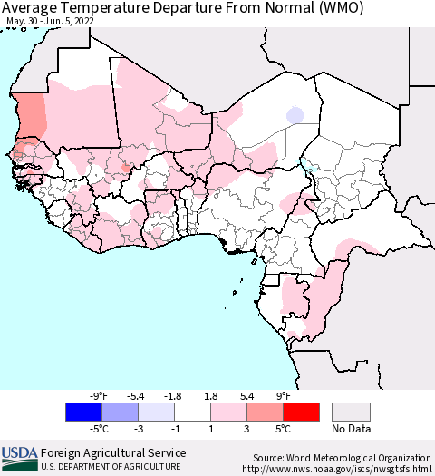 Western Africa Average Temperature Departure from Normal (WMO) Thematic Map For 5/30/2022 - 6/5/2022