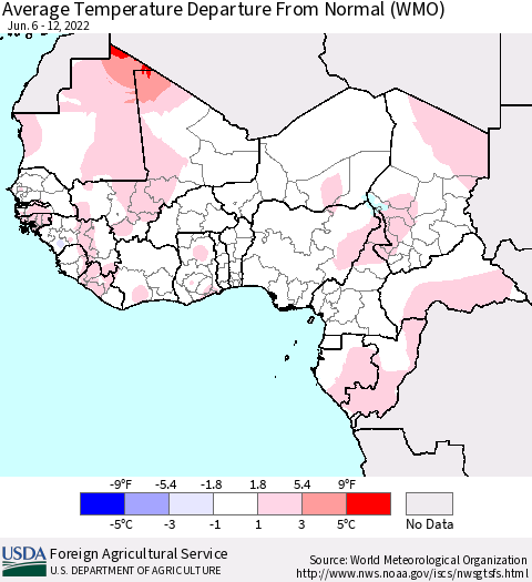 Western Africa Average Temperature Departure from Normal (WMO) Thematic Map For 6/6/2022 - 6/12/2022
