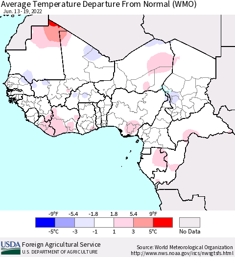 Western Africa Average Temperature Departure from Normal (WMO) Thematic Map For 6/13/2022 - 6/19/2022
