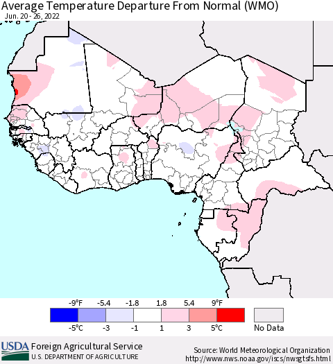 Western Africa Average Temperature Departure from Normal (WMO) Thematic Map For 6/20/2022 - 6/26/2022