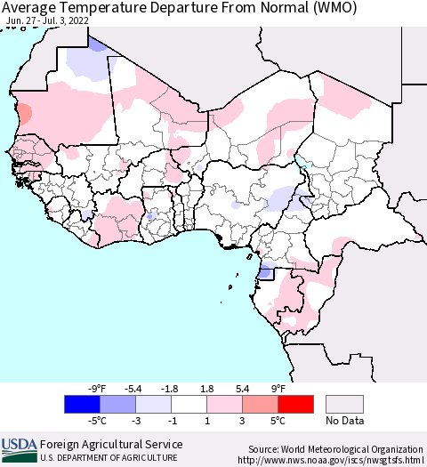 Western Africa Average Temperature Departure from Normal (WMO) Thematic Map For 6/27/2022 - 7/3/2022