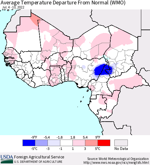 Western Africa Average Temperature Departure from Normal (WMO) Thematic Map For 7/4/2022 - 7/10/2022