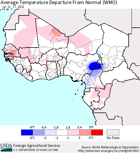 Western Africa Average Temperature Departure from Normal (WMO) Thematic Map For 7/11/2022 - 7/17/2022