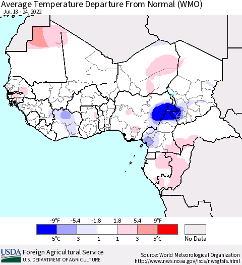 Western Africa Average Temperature Departure from Normal (WMO) Thematic Map For 7/18/2022 - 7/24/2022