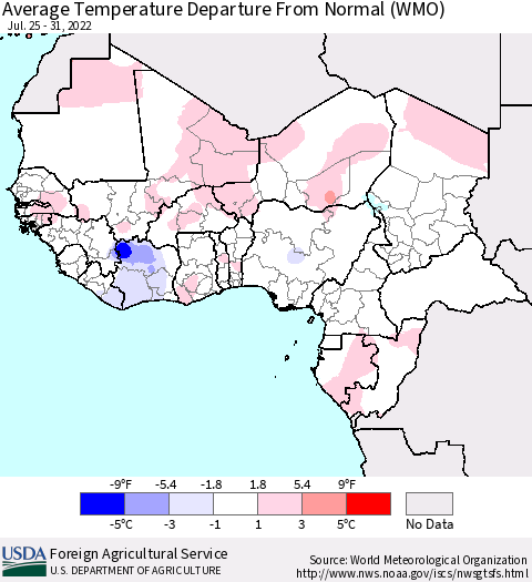 Western Africa Average Temperature Departure from Normal (WMO) Thematic Map For 7/25/2022 - 7/31/2022